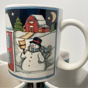 set of 6 Susan Wenget Christmas mugs  toys. teddy bears, snowman, rocking horse